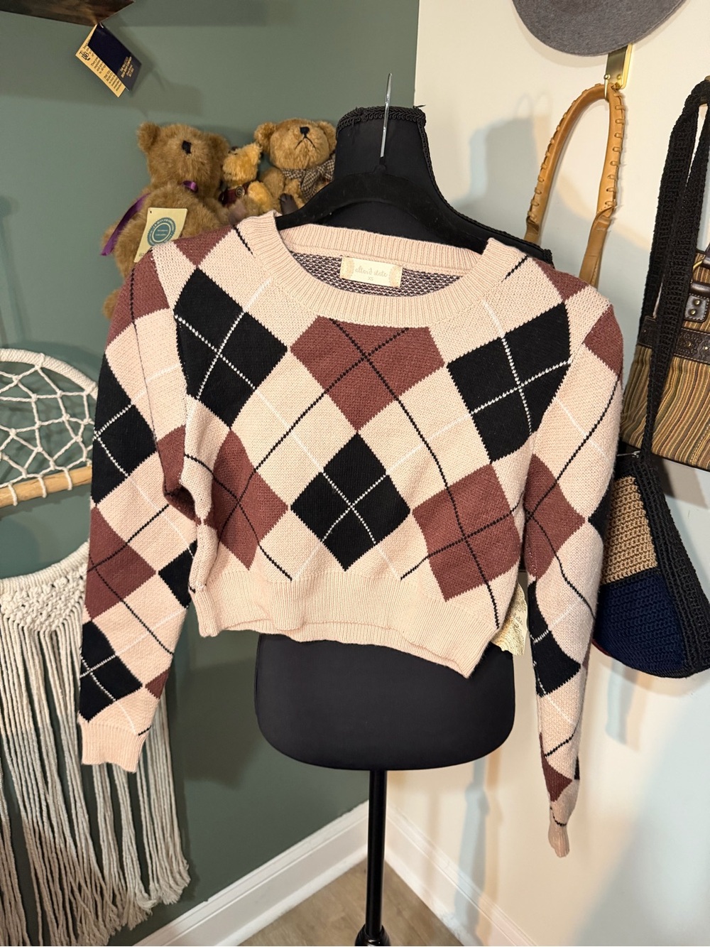 Argyle Cropped Sweater in Blush, Black & Brown